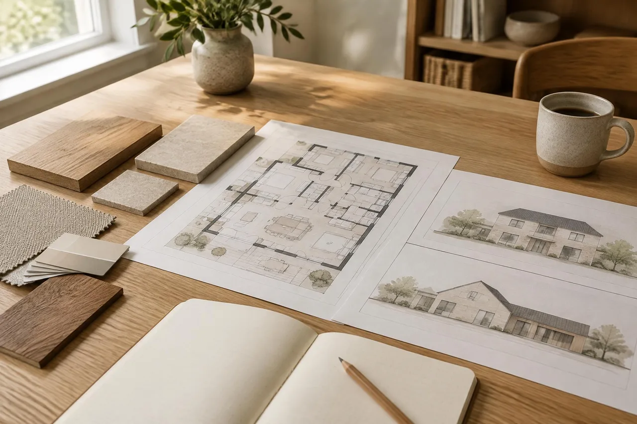 House plans and elevation drawings on an oak table beside wood and stone samples, a notebook and a cup of coffee.