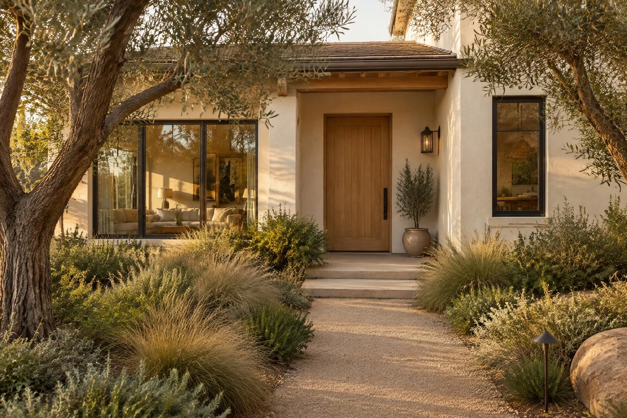 A warm contemporary home at golden hour, with a garden path through native grasses leading to an oak front door.