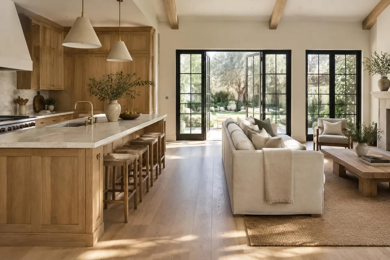 A remodeled kitchen and living space with oak cabinetry, a stone island and dark-framed garden doors.