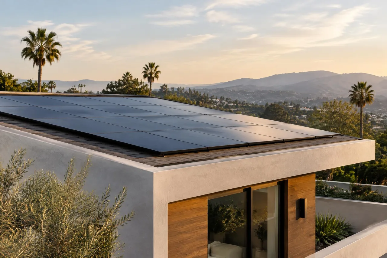 Rooftop solar panels on a pale plaster home, with palm trees and hills in soft morning light.